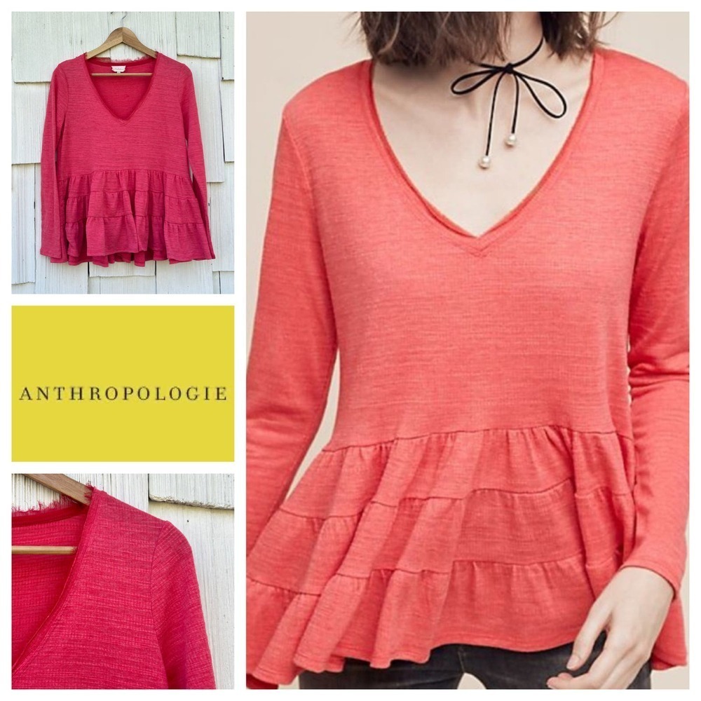 Anthropologie Deletta‎ Thea Peplum Ruffle Top Coral Tiered Long Sleeve Size XS